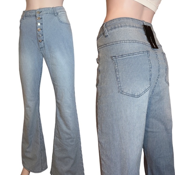 Fashion Nova Pin Me Down Stripe Flare Jeans High Waist Bell Bottom Button Fly - Picture 1 of 14